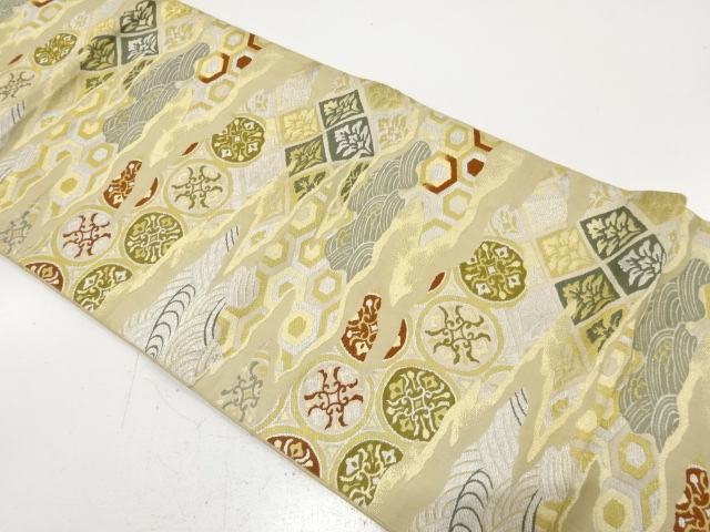 アンティーク　霞に草花・波模様織り出し袋帯（材料）